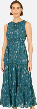Yumi Foil Print Ruched Waist Midi Dress