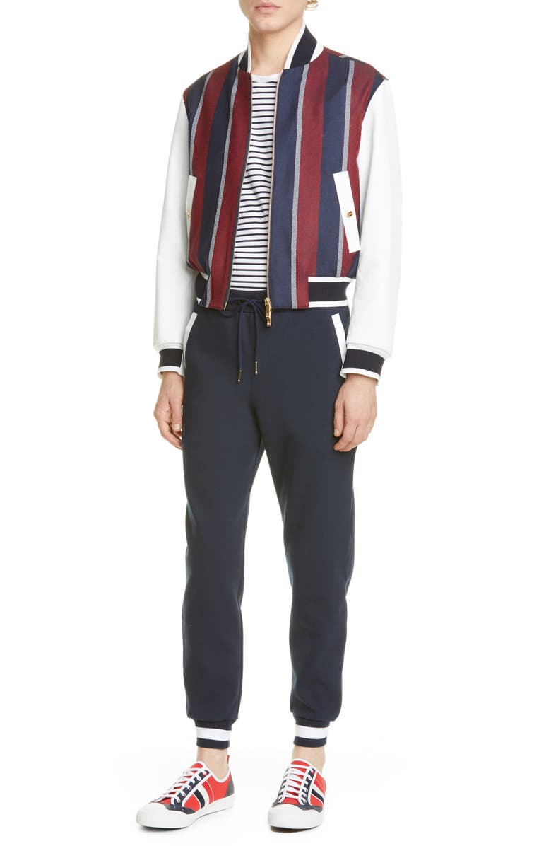 Thom Browne Stripe Wool & Deerskin Leather Bomber Jacket, Alternate, color, 