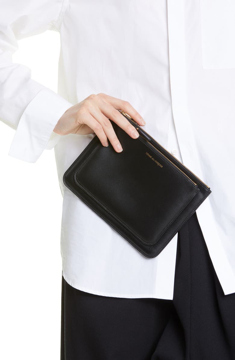 Comme des Garçons Wallets Outside Pocket Leather Zip Pouch, Alternate, color, Black