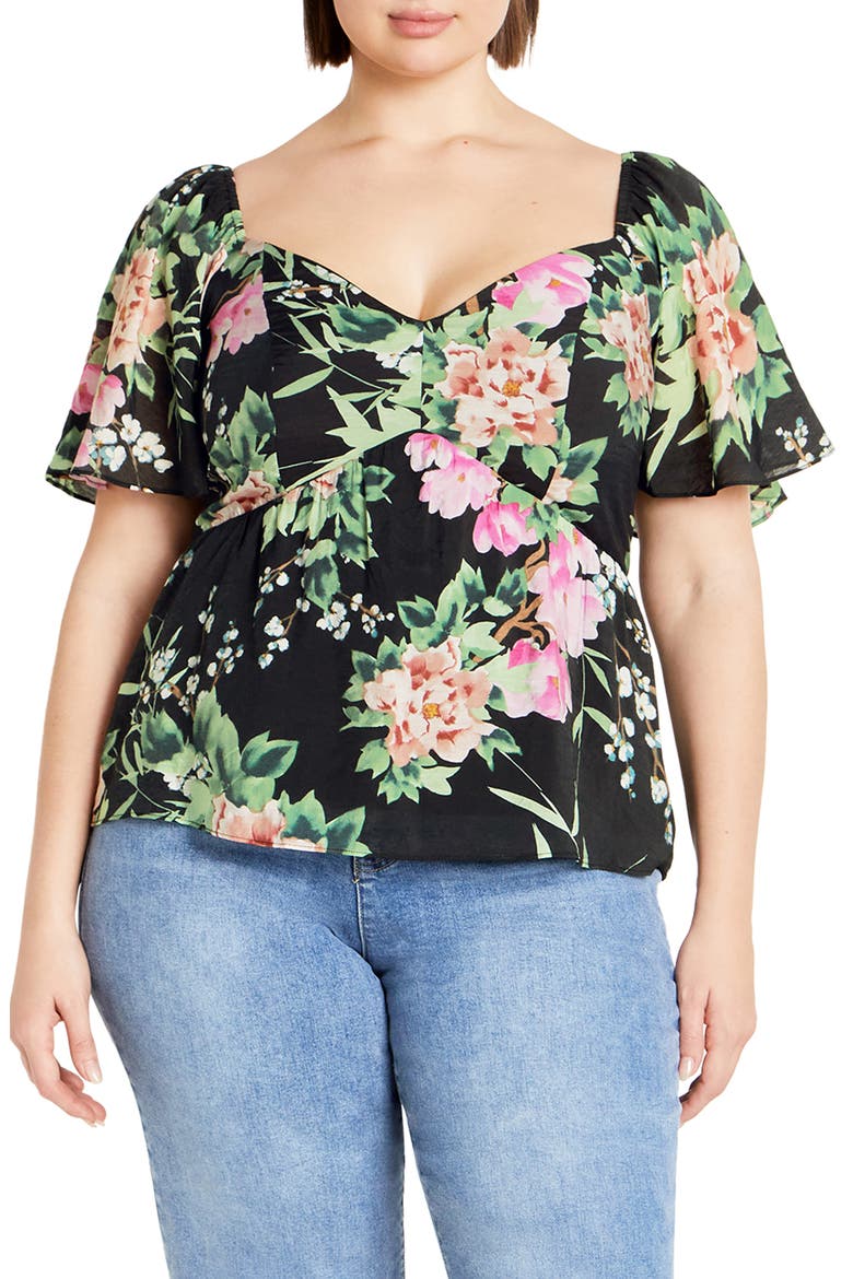 Marci Floral Flutter Sleeve Top, Main, color, BLACK SWEET BLOSSOM