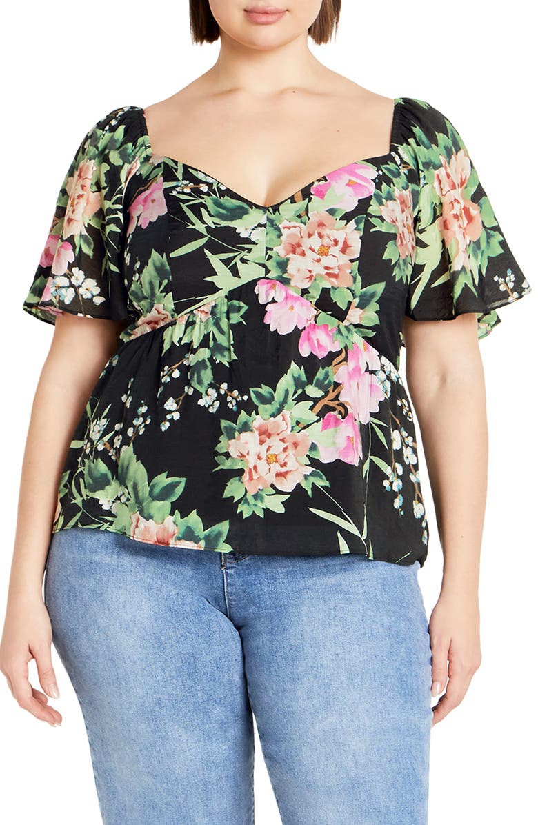 City Chic Marci Floral Flutter Sleeve Top, Main, color, Black Sweet Blossom