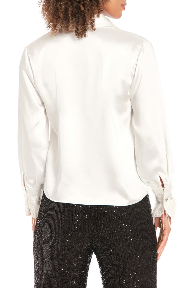 Muse Feather Trim Satin Button-Up Shirt, Alternate, color, White