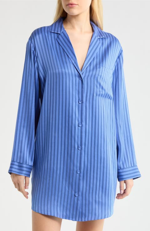 Stripe Piped Washable Silk Nightshirt
