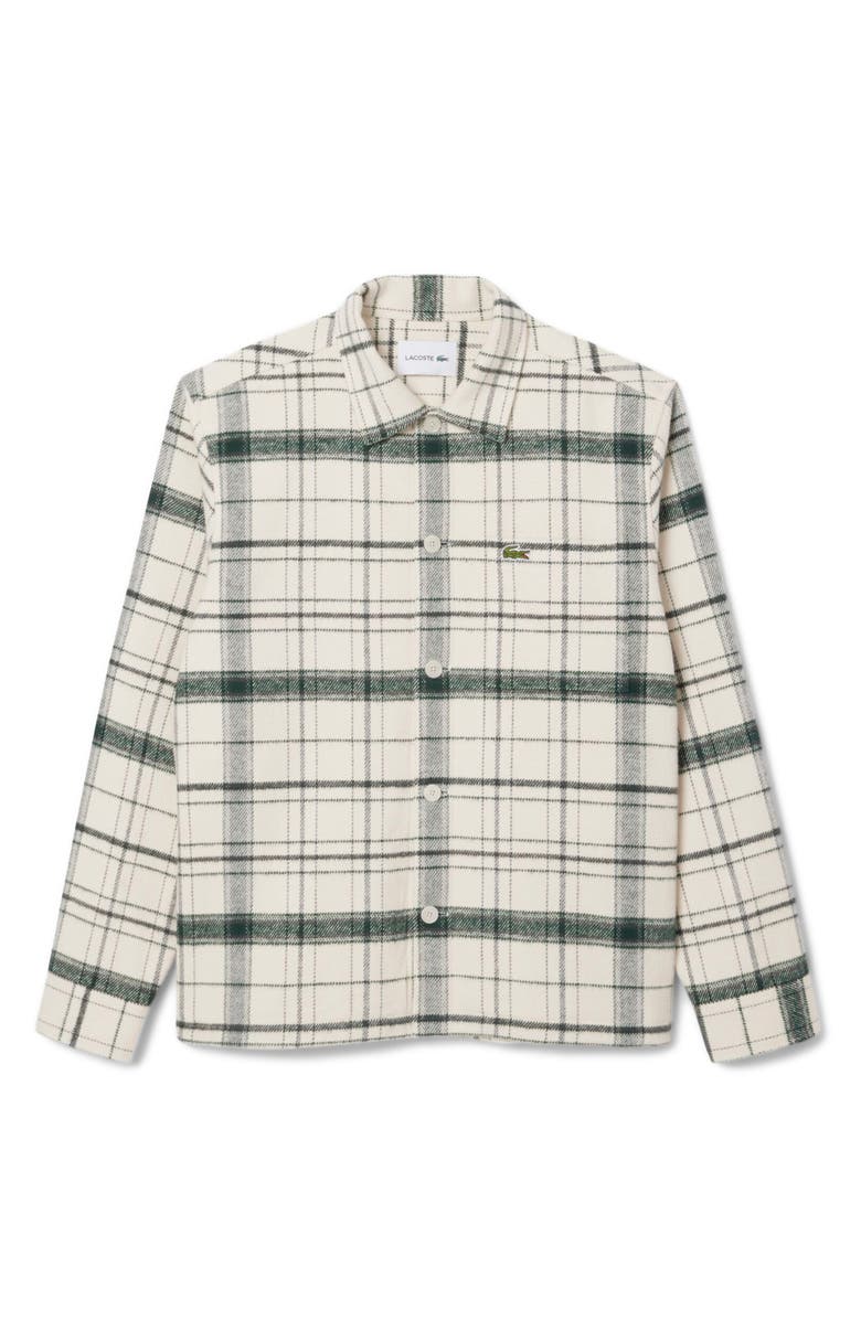 Lacoste Plaid Flannel Button-Up Overshirt, Alternate, color, White/ Green/ Grey Chine