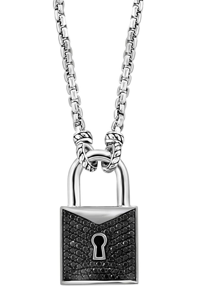 Men's Sterling Silver Spinel Lock Pendant Necklace, Alternate, color, BLACK