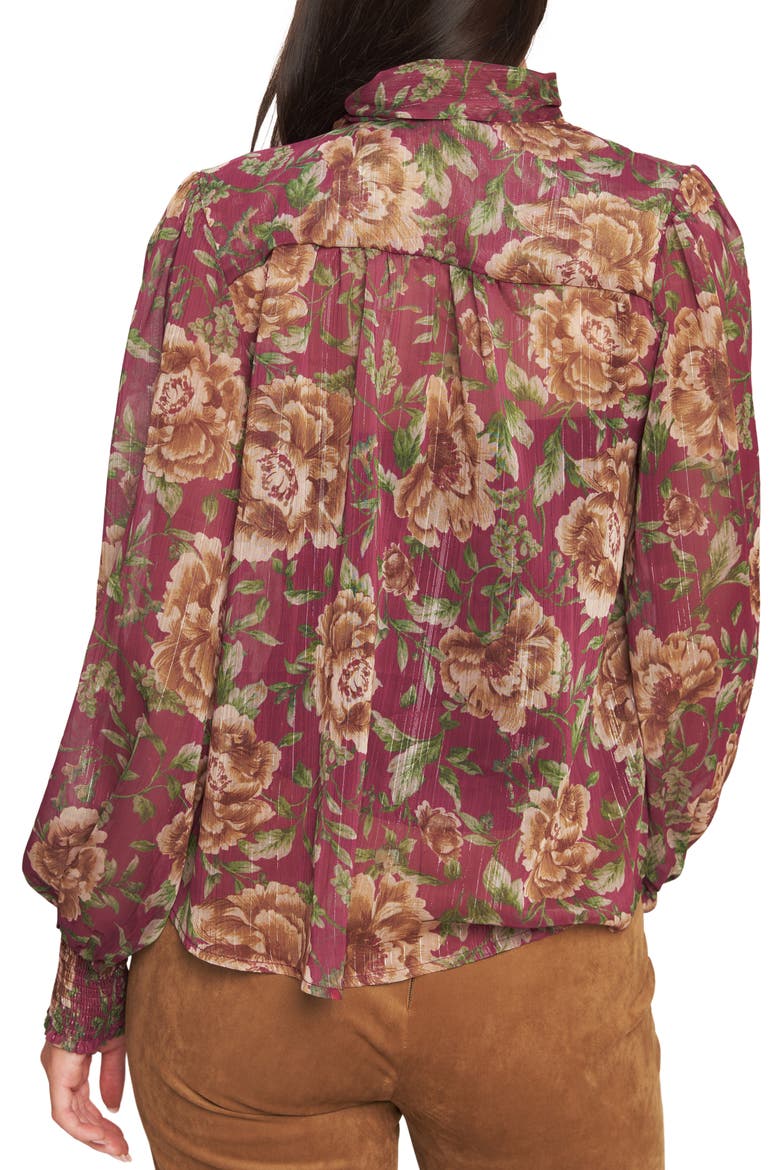 Floral Tie Neck Top, Alternate, color, BURGUNDY