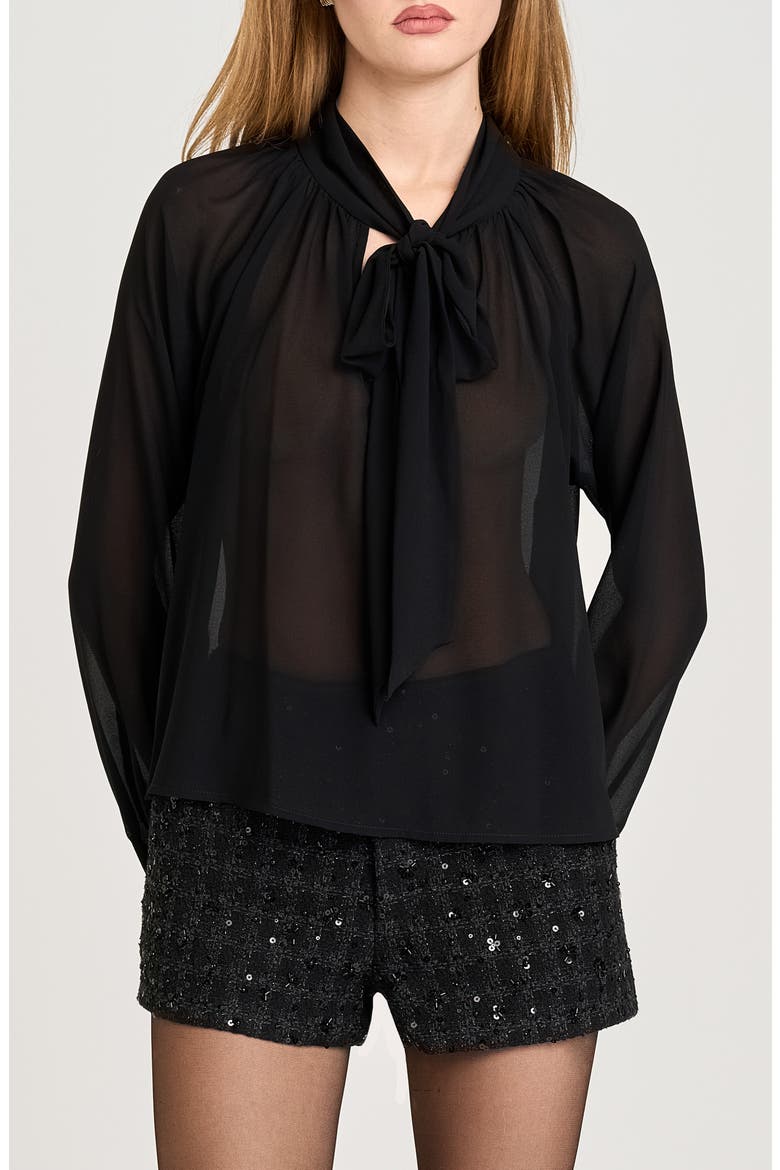 x Sara Walker Bow Georgette Blouse, Main, color, BLACK