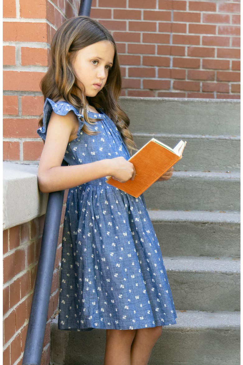 Kids' Organic Ruffle Sleeve Smocked Waist Chambray Dress, Alternate, color, Chambray Floral