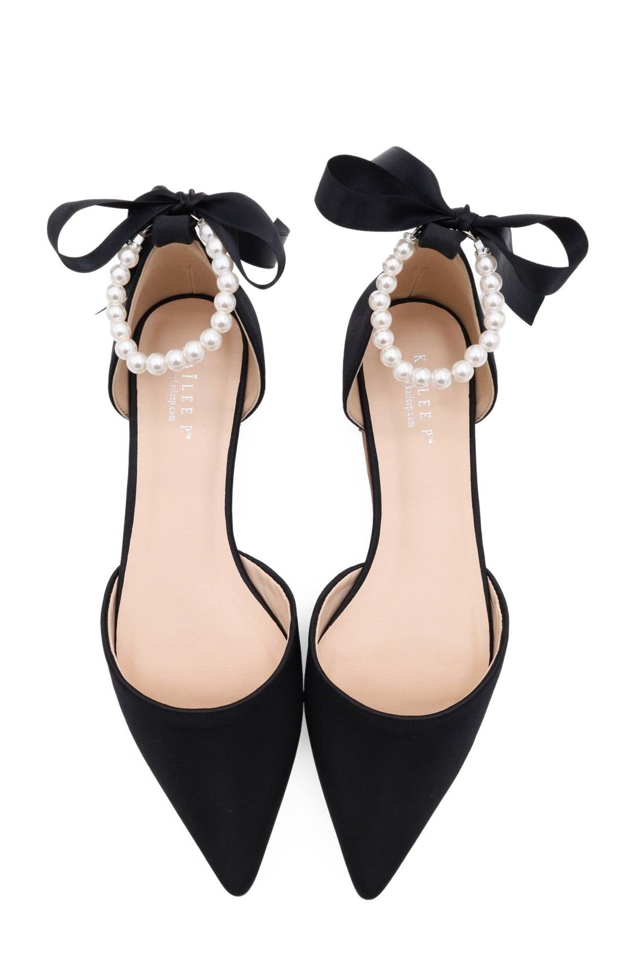 Kailee P Bella Satin Pointy Toe Flats with All Pearls Ankle Strap, Alternate, color, Black