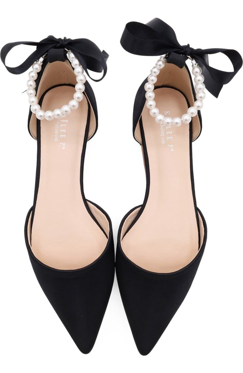 Kailee P Bella Satin Pointy Toe Flats with All Pearls Ankle Strap, Alternate, color, Black