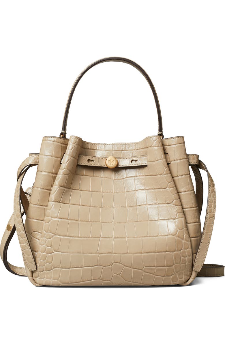 Tory Burch Romy Croc Embossed Leather Bucket Bag, Main, color, Ginger Leaf