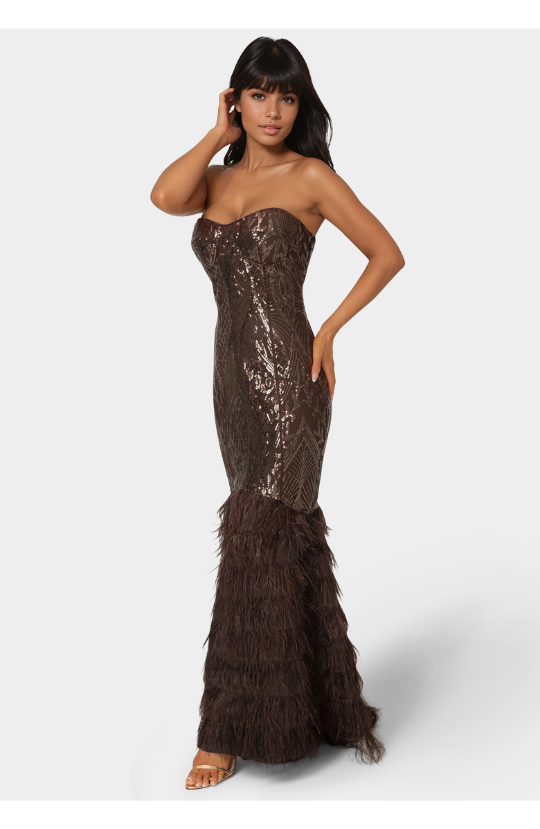 bebe Sequin Feather Gown, Alternate, color, Chocolate