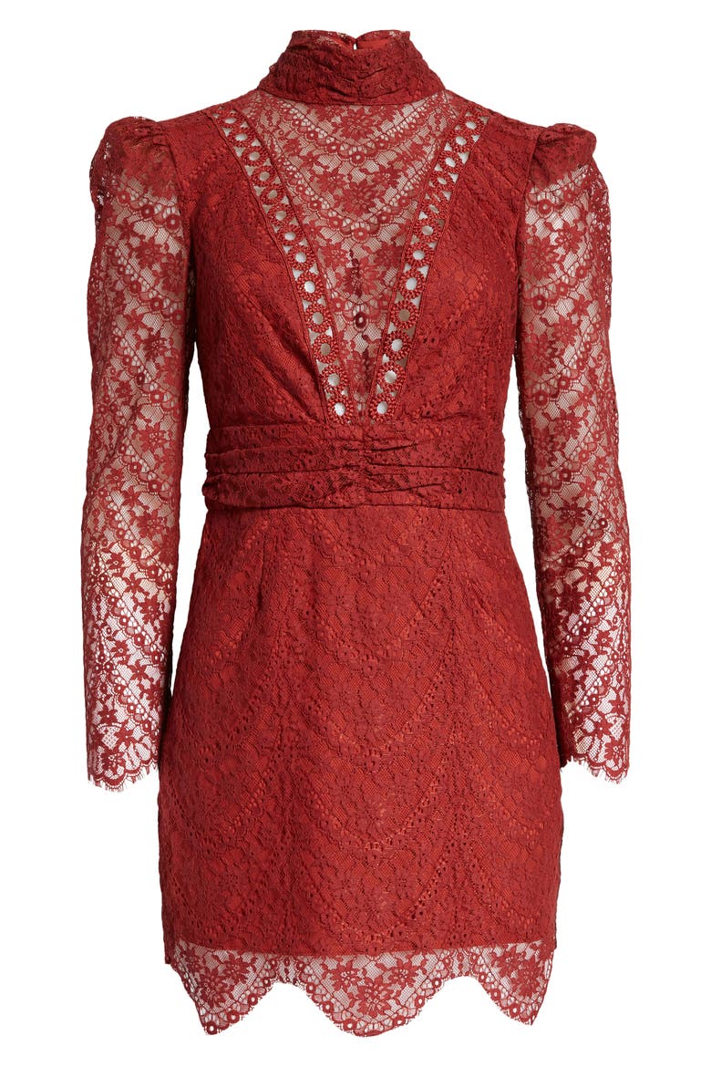 Celia Lace Long Sleeve Cotton Blend Cocktail MInidress, Alternate, color, RUSSET