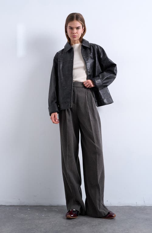 Topshop Herringbone Pleated Wide Leg Pants In Black