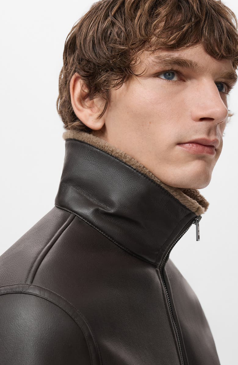 MANGO Fleece Lined Faux Leather Bomber Jacket, Alternate, color, Chocolate