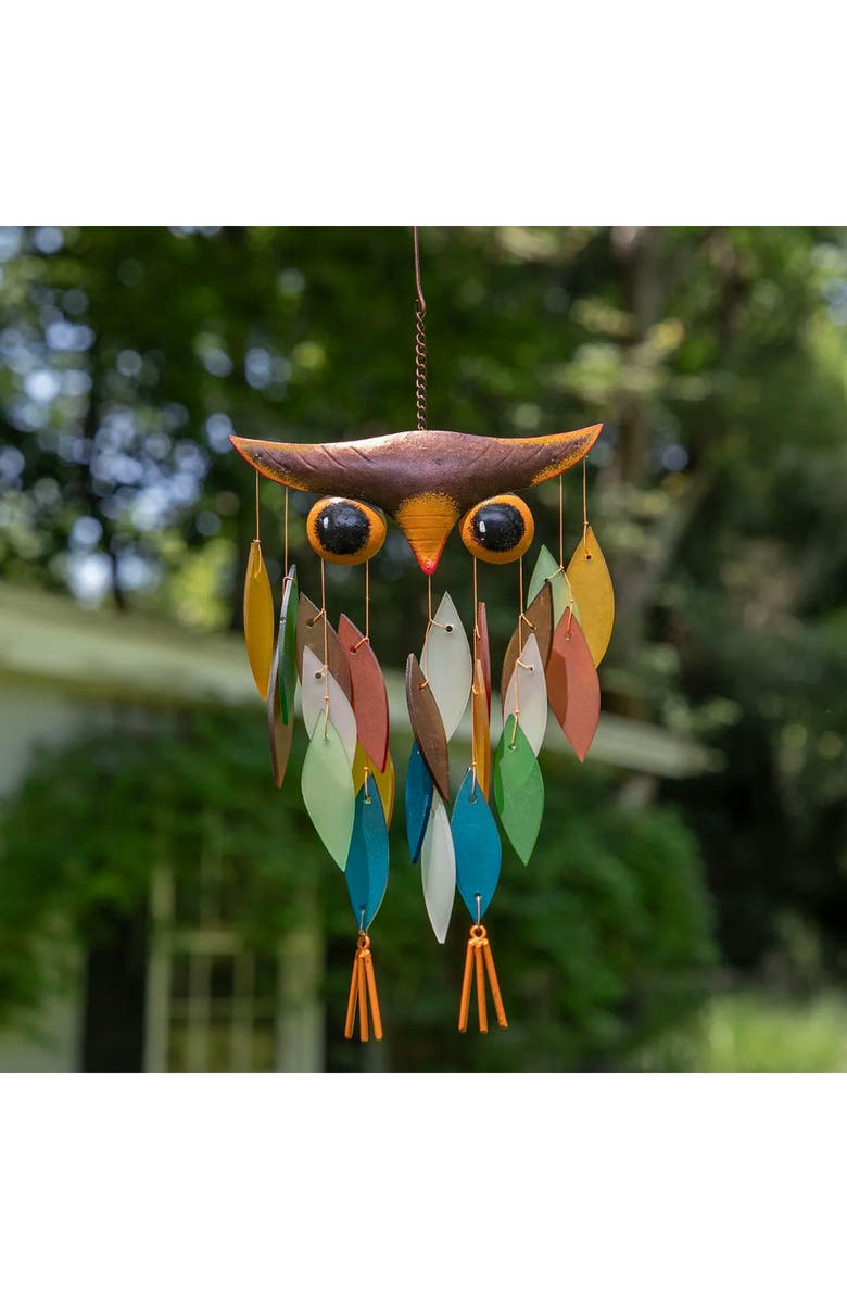 Uncommon Goods Owl Wind Chime, Main, color, Multicolored Glass Feathers