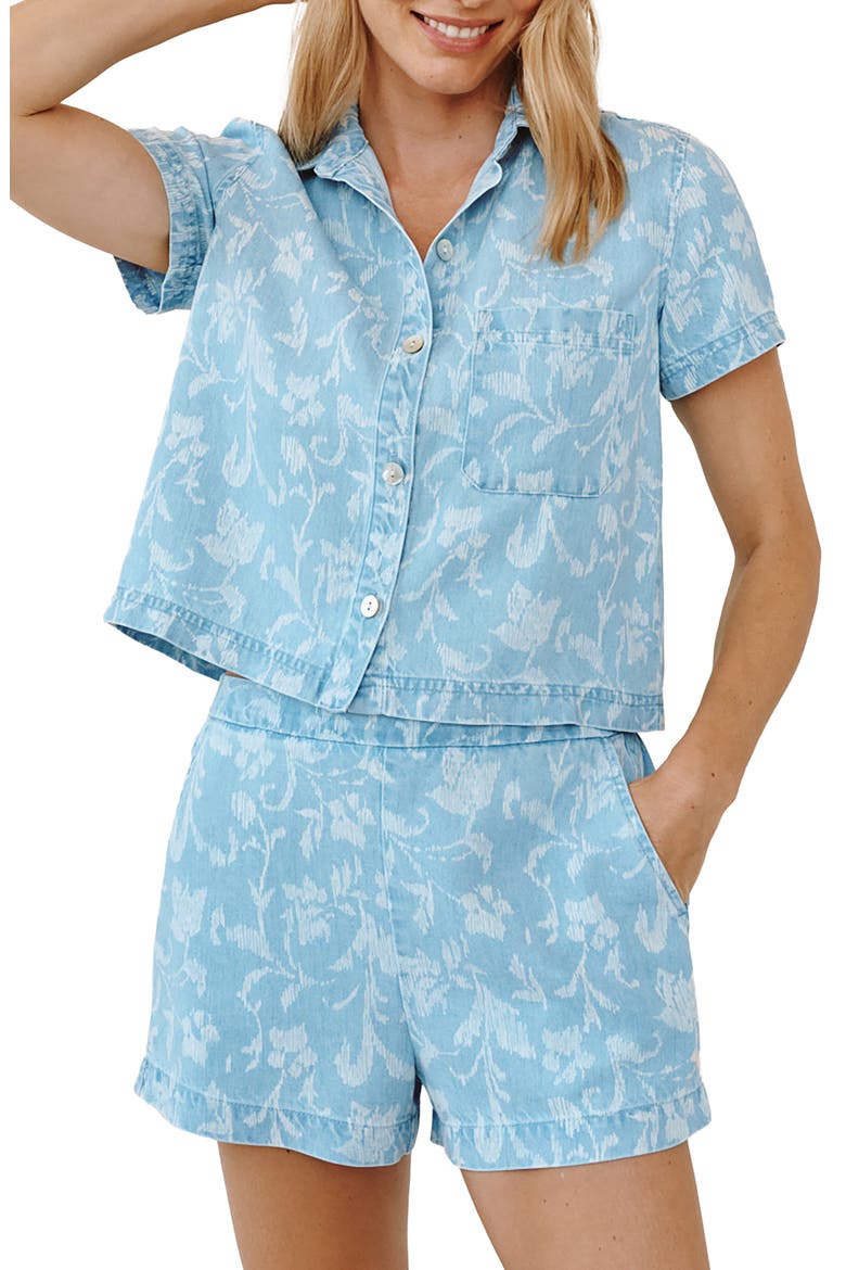 Floral Crop Camp Shirt, Main, color, VINTAGE FLEUR DENIM