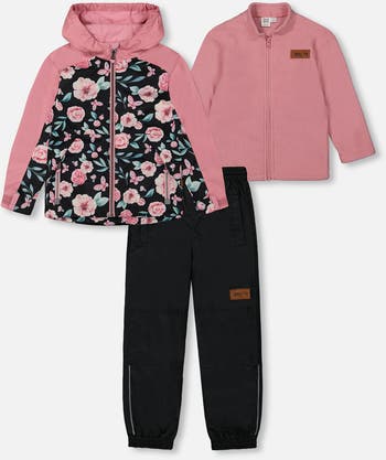 3-In-1 Mid-Season Outerwear Set With Printed Jacket Pink, Black, And Flowers