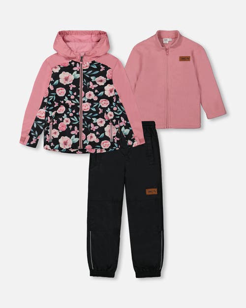 DEUX PAR DEUX DEUX PAR DEUX BABY GIRL'S 3-IN-1 MID-SEASON OUTERWEAR SET WITH PRINTED JACKET PINK, BLACK, AND FLOWE