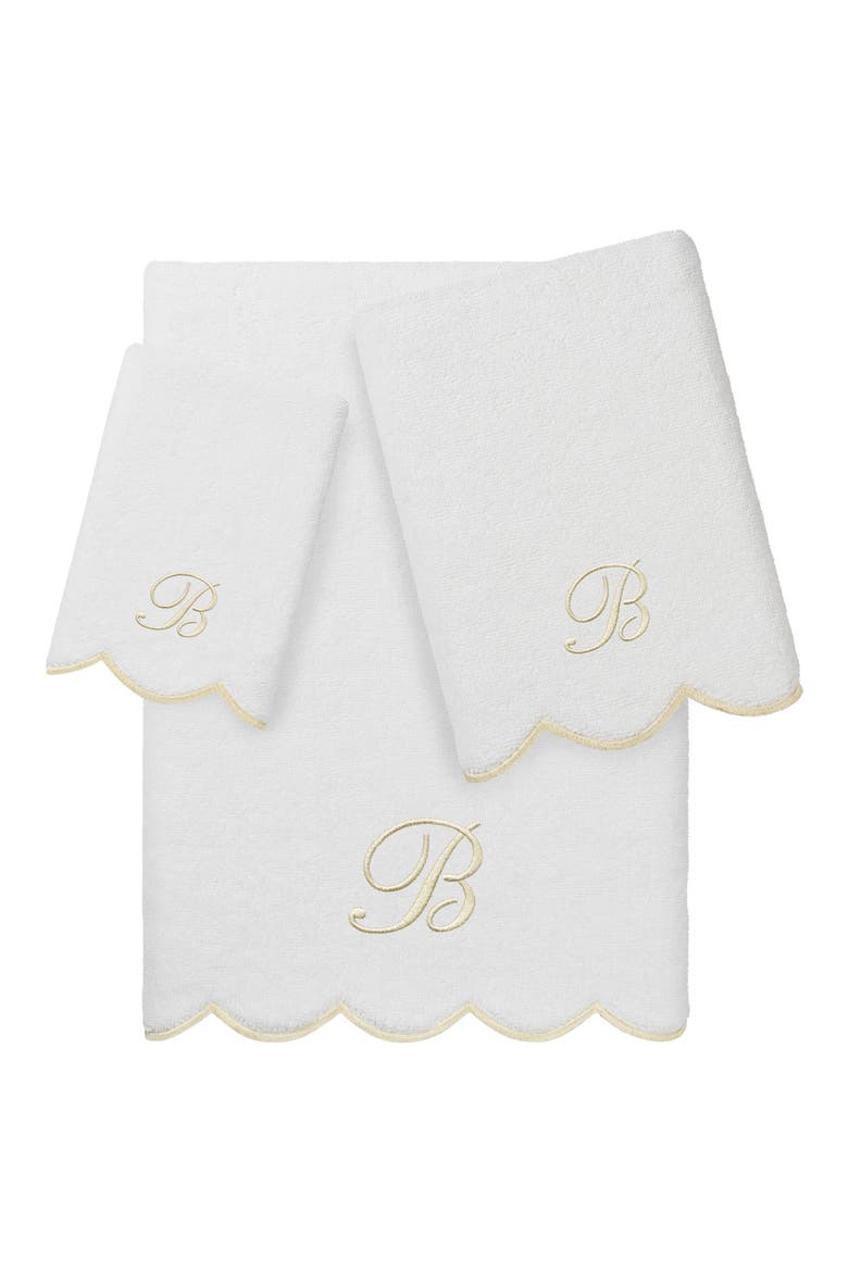Adornia Scallop Initial 3-Piece Towel Set, Main, color, WHITE/ BEIGE B