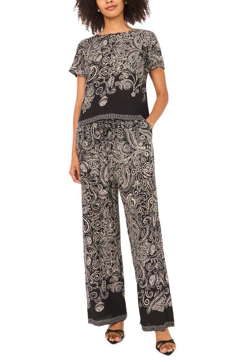 Vince Camuto Paisley Print Short Sleeve Top, Alternate, color, Rich Black