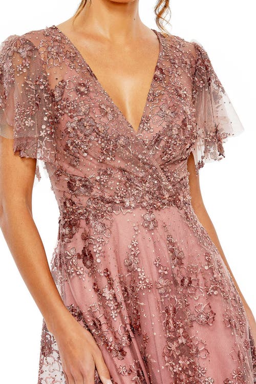 Mac Duggal Flutter Sleeve Faux Wrap V Neck Embellished Tea Length Dress In Pink