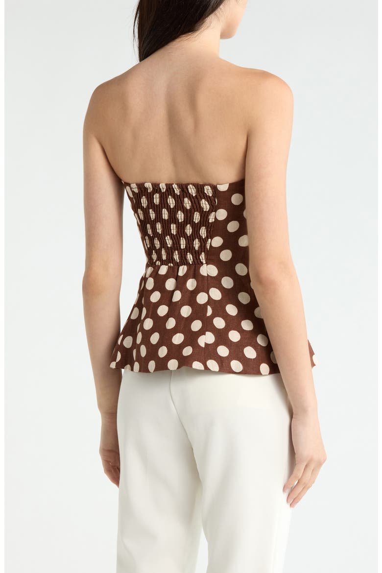 Petro Polka Dot Strapless Linen Peplum Top, Alternate, color, CIOCCOLATO DOT