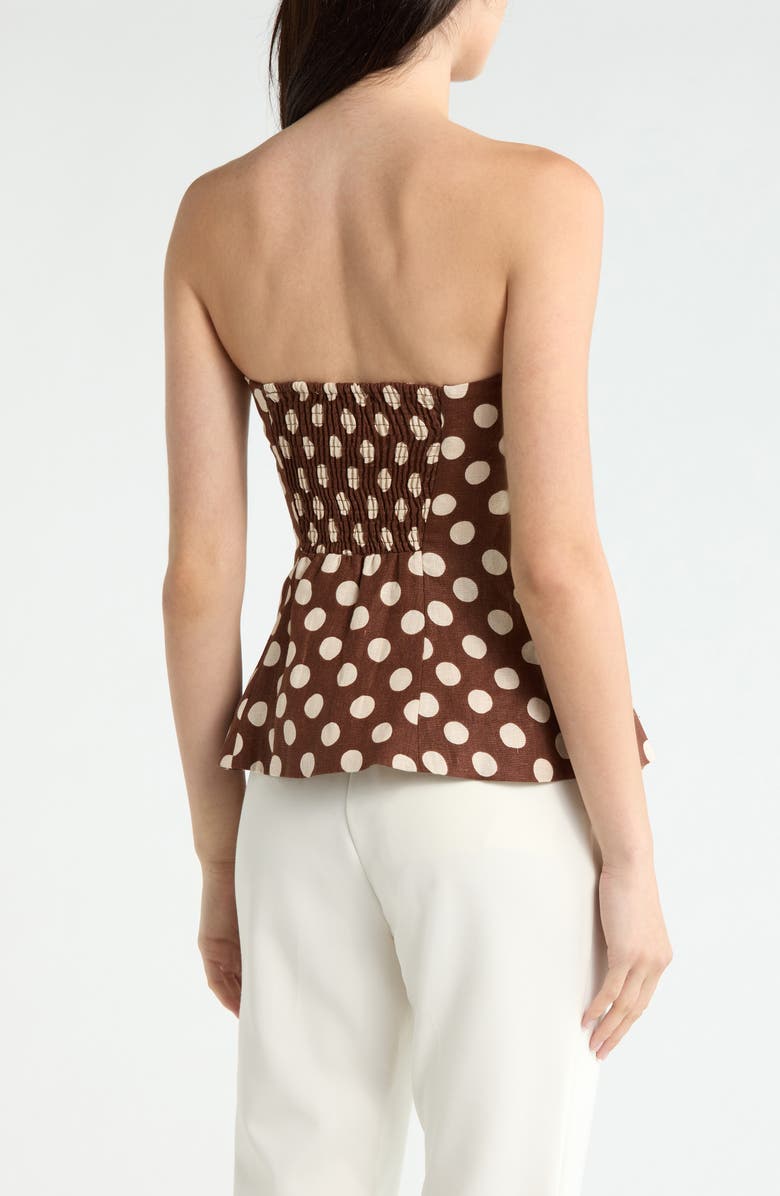 Faithfull the Brand Petro Polka Dot Strapless Linen Peplum Top, Alternate, color, Cioccolato Dot