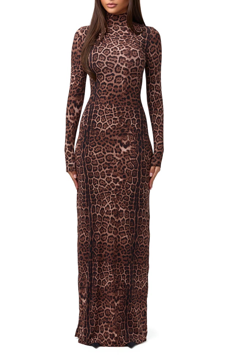 Naked Wardrobe Leopard Print Long Sleeve Body-Con Maxi Dress, Main, color, Brown Leopard