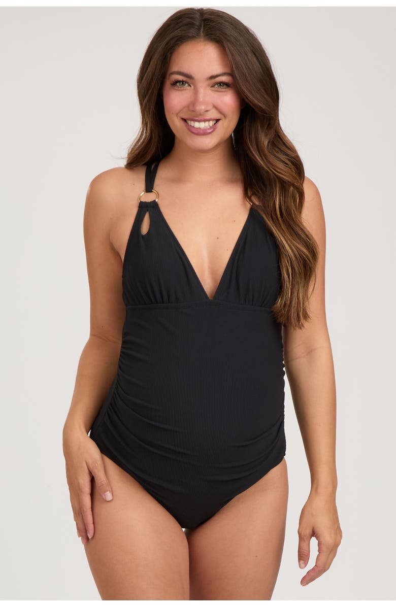 PinkBlush Ribbed V-Neck Ruched Criss Cross Low Back One Piece Swimsuit, Main, color, 