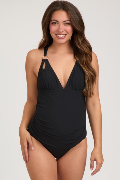 Ribbed V-Neck Ruched Criss Cross Low Back One Piece Swimsuit