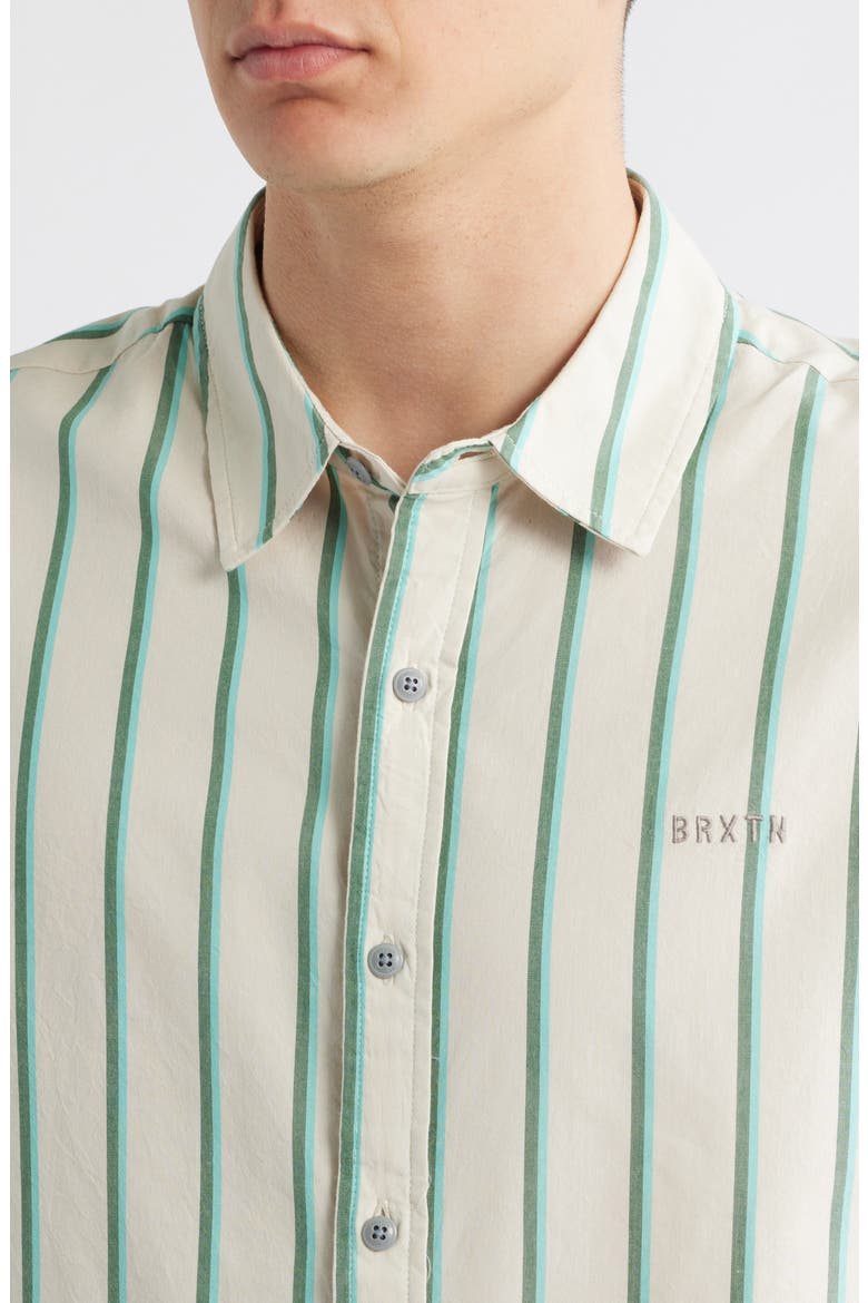 Cru Oxford Stripe Short Sleeve Cotton Blend Button-Up Shirt, Alternate, color, BEIGE/PINE NEEDLE/GREEN
