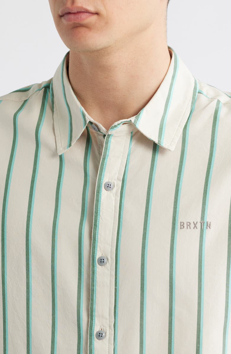 Brixton Cru Oxford Stripe Short Sleeve Cotton Blend Button-Up Shirt, Alternate, color, Beige/Pine Needle/Green