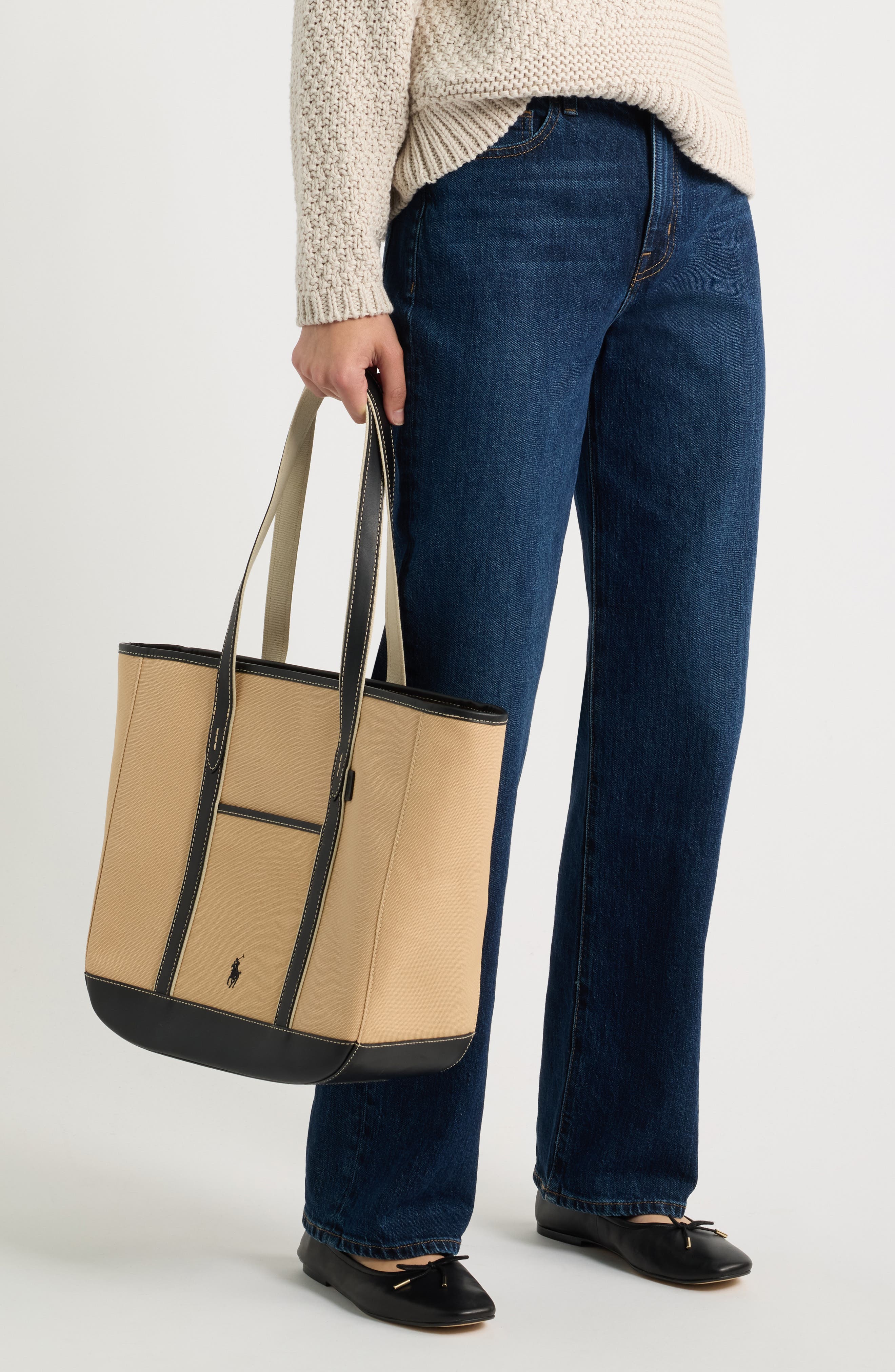 Medium Canvas & Leather Tote, Alternate, color, PORCELAIN/ BLACK