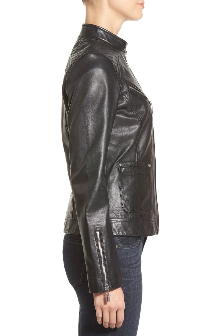 Zip Front Leather Jacket, Alternate, color, BLACK