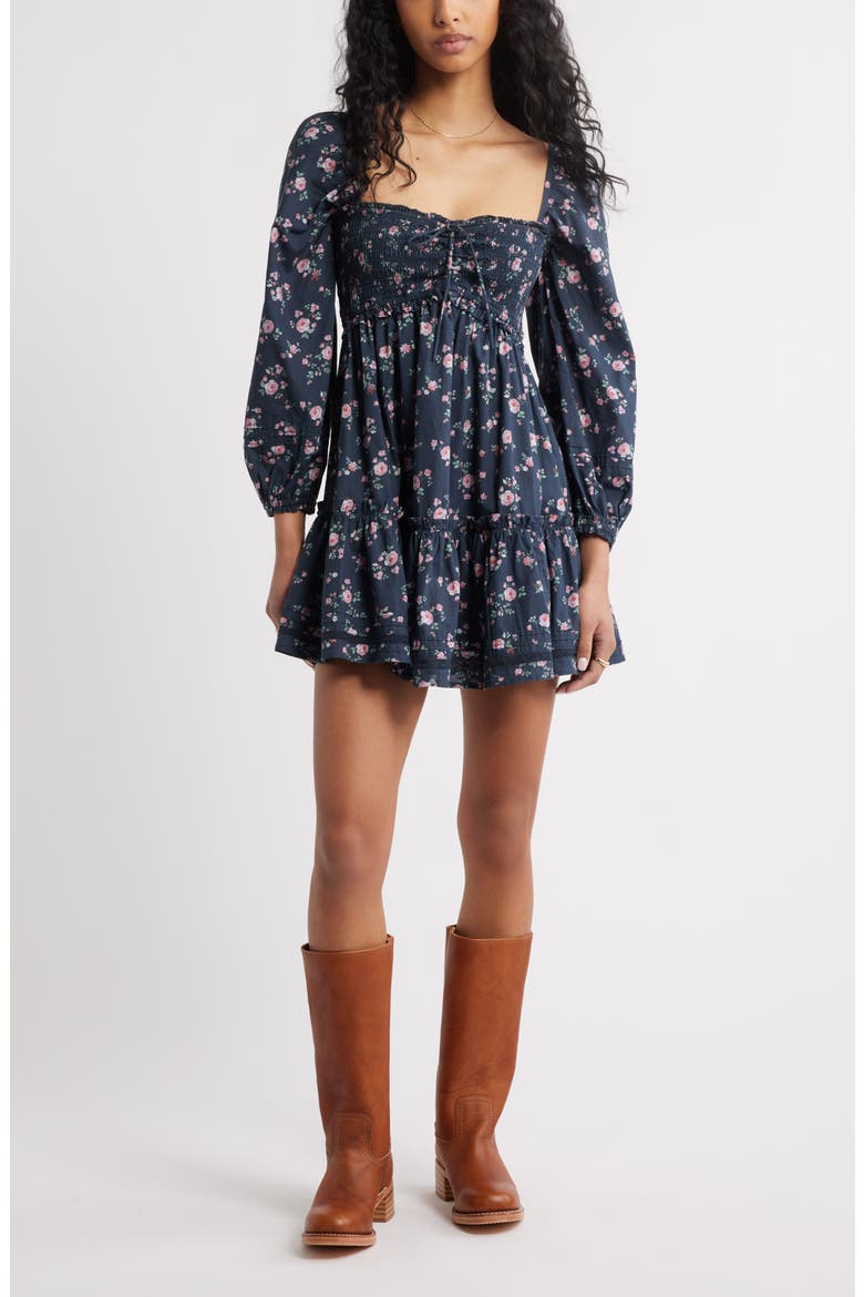 Long Sleeve Fit & Flare Minidress, Main, color, NAVY- PINK COTTAGE GARDEN