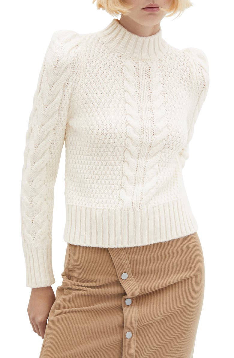 MANGO Puff Shoulder Cable Mock Neck Sweater, Main, color, 