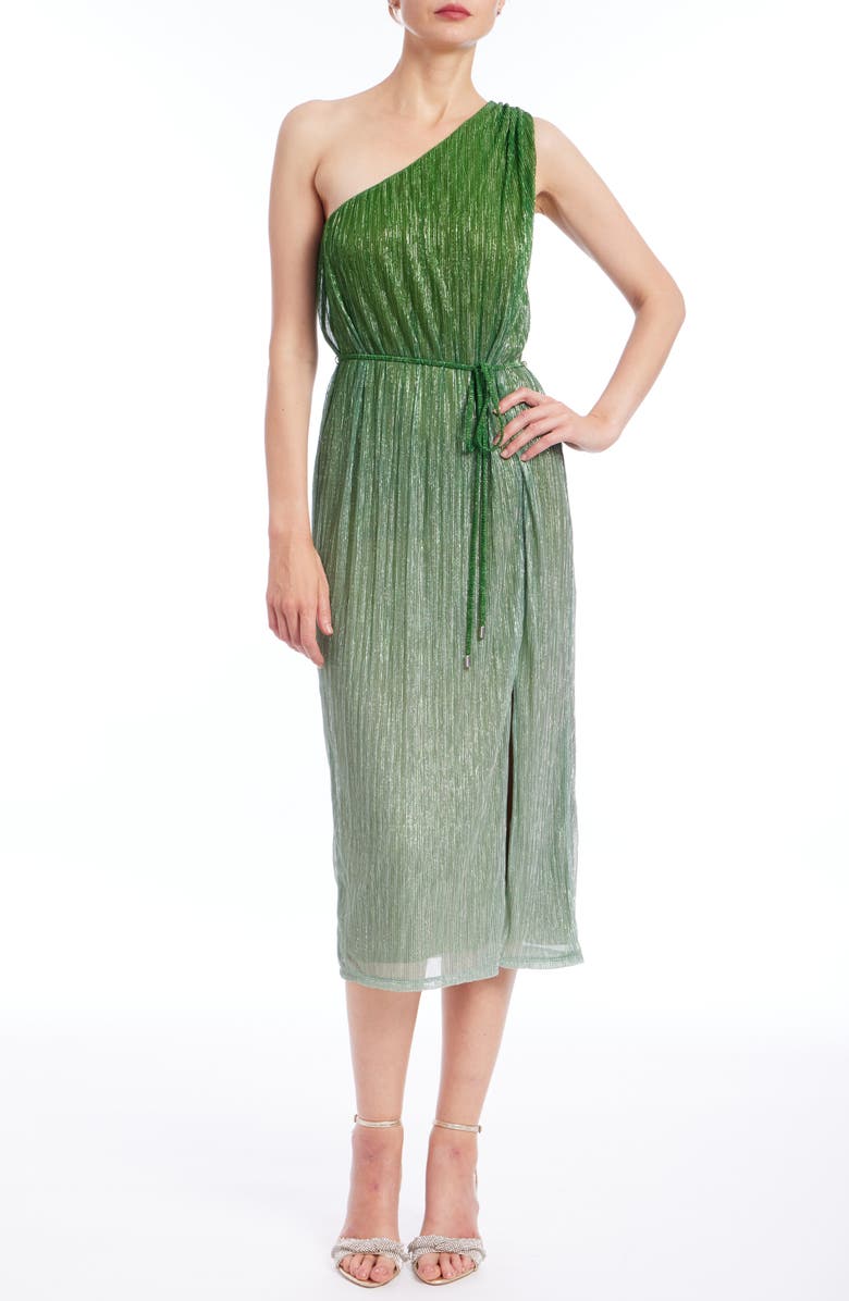 Jewel Badgley Mischka Belted One-Shoulder Dress, Main, color, Green Silver