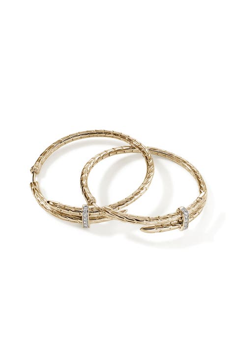 Spear Hoop Earrings, Gold, Diamonds, 40mm