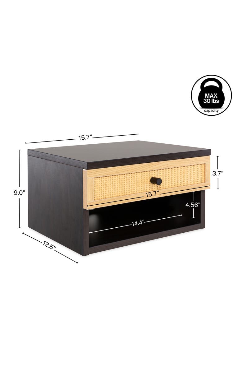 JONATHAN Y Celerie Mid-Century Modern Floating Wall Mounted Nightstand with Soft-Close Rattan Drawer and Cable Hole, Alternate, color, Black/Light Oak