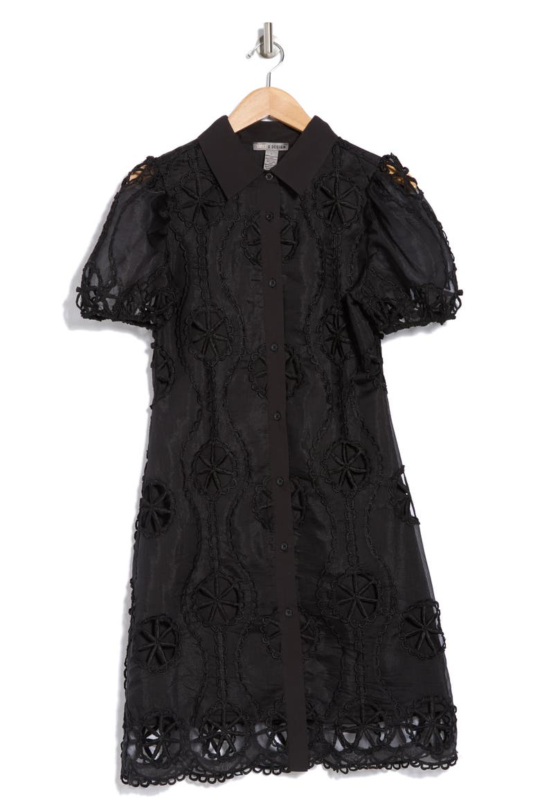 Brynn Floral Embroidered Puff Sleeve Shirtdress, Alternate, color, BLACK