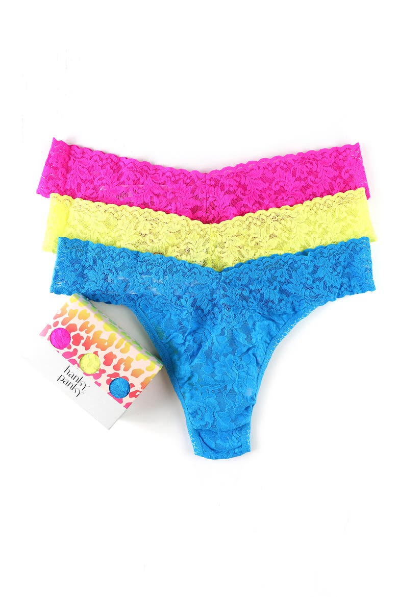 Assorted 3-Pack Lace Original Rise Thongs, Alternate, color, PINK/ YELLOW/ BLUE