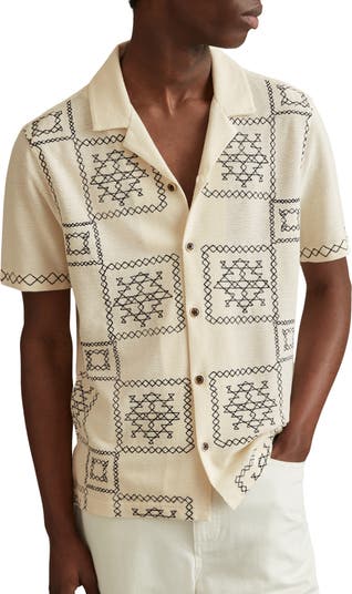 Reiss Cosmos Embroidered Short Sleeve Cotton Button-Up Shirt