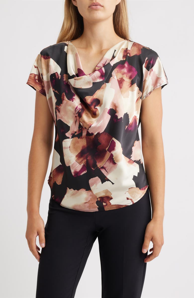 Anne Klein Printed Cowl Neck Satin Top, Main, color, Anne Black Multi