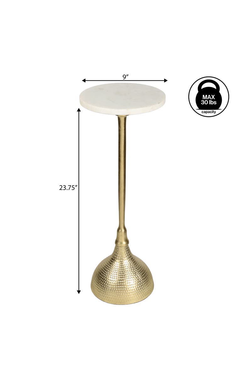 JONATHAN Y Ava 23.75" Art Deco Contemporary Metal Pedestal Drink Table and Decorative End Table with White Marble Round Top and Hammered Base, Alternate, color, Gold