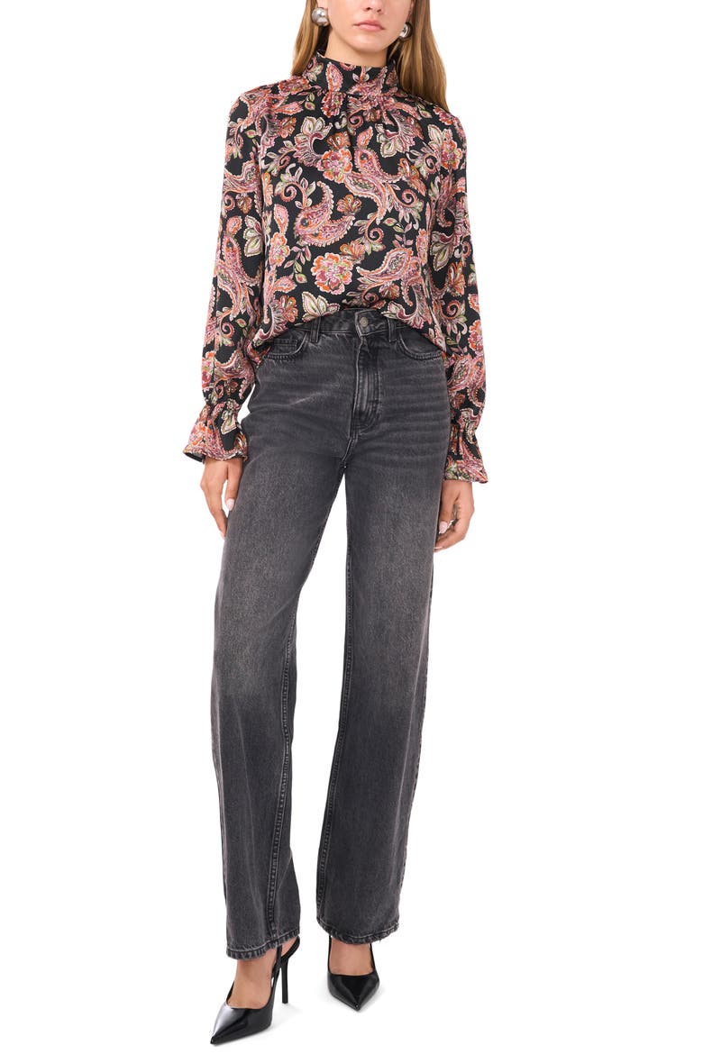 Paisley Print Open Back Mock Neck Top, Alternate, color, RICH BLACK