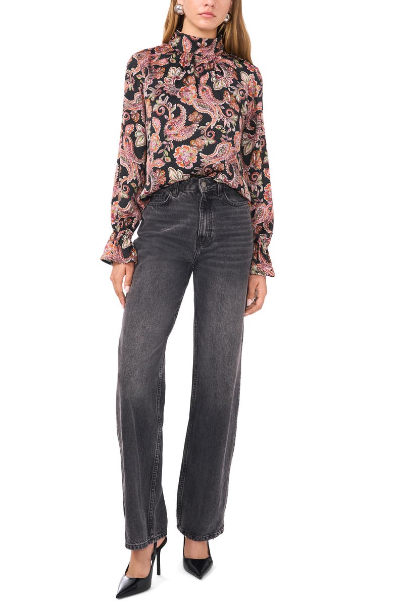 1.STATE Paisley Print Open Back Mock Neck Top, Alternate, color, Rich Black