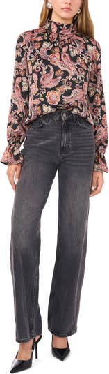 Paisley Print Open Back Mock Neck Top