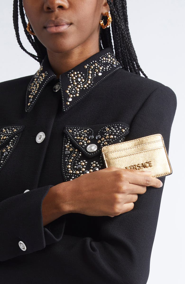 Versace Logo Metallic Leather Card Case, Alternate, color, Mekong Gold Versace