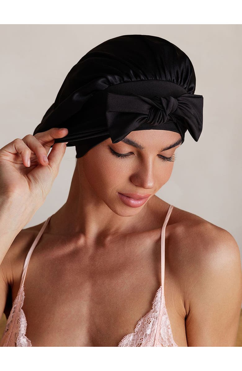 SILKSILKY Pure Silk Bowknot Tie Bonnet, Alternate, color, Black
